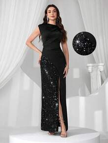 Coutiva 奢华亮片拼布礼服，高端优雅派对礼服，精致淑女 - 黑色 - 查看 1