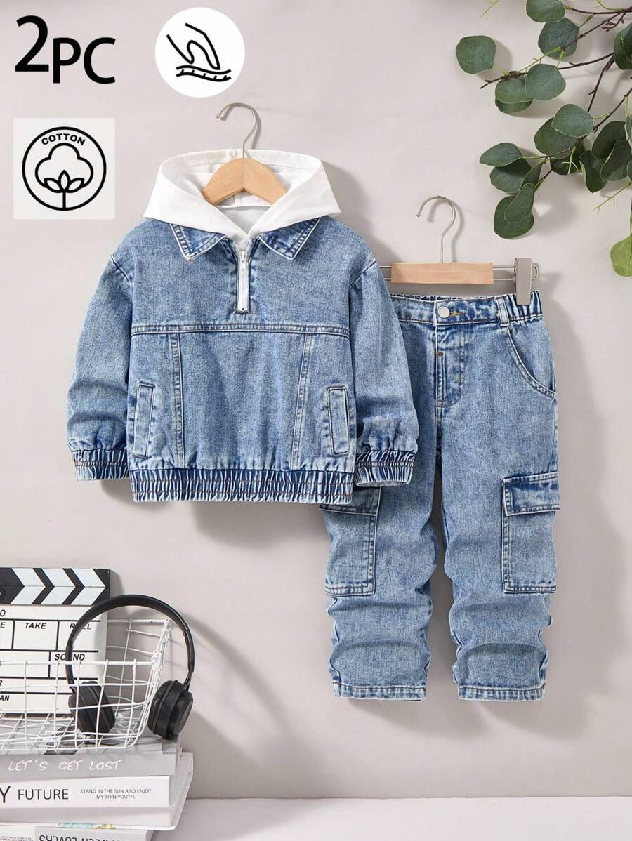 YOUNG BOYS 2-Piece Set: Zip-Up Denim Jacket With Elastic Hem & Cuffs Paired With Loose Cargo Pants, Fashionable Streetwear Style, Suitable For Spring/Summer