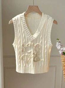 女式字母刺绣麻花V领休闲针织背心，秋季女装女式麻花针织背心 - 杏色 - 查看 1