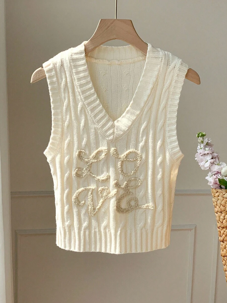 女式字母刺绣麻花V领休闲针织背心，秋季女装女式麻花针织背心 - 杏色 - 查看 1