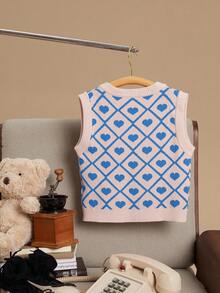 PrepCrw Young Girl Heart Pattern V-Neck Casual Loose Knitted Vest Autumn Winter Clothes For Women - Multicolor - View 2