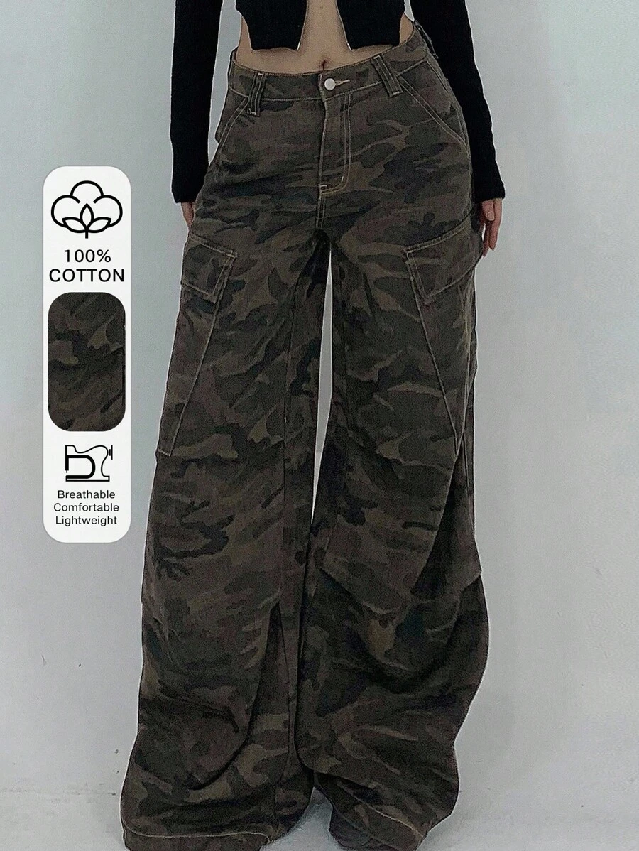 Dazy Tall 女款大尺碼迷彩印花寬鬆工裝貨物褲/牛仔褲,適合高個女性 - 軍綠色 - 查看 1