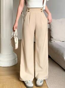 SHEIN 少女下装优雅直筒办公室裤，双扣秋季服装，办公室警笛，商务女孩服装，优雅轻松别致必备， - 杏色 - 查看 3