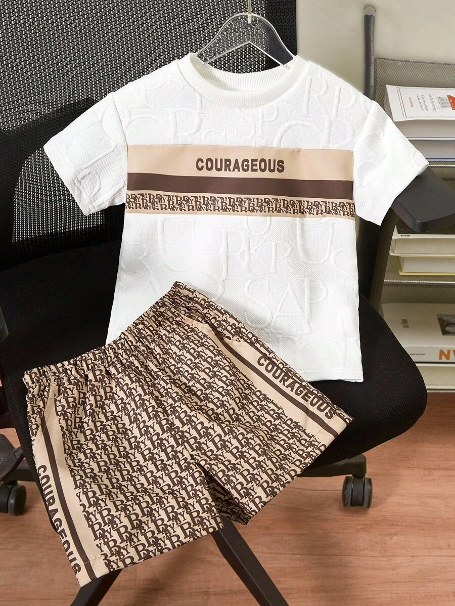 SHEIN 2pcs/Set Young Boy Contrast Striped Letter Graphic Short Sleeve T-Shirt And Shorts Set - Multicolor - View 1