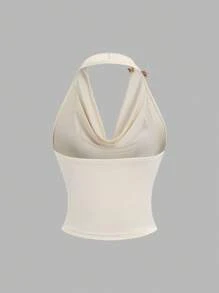 Sweetra 复古风荷叶边领无袖短款上衣，时尚褶皱腰设计，夏季女装时尚 - 杏色 - 查看 2