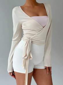 FavEase Cárdigan envolvente rosa para yoga, camiseta superior ceñida de manga larga con cuello en V, suave y elástica, diseño minimalista elegante que combina con todo, esencial para primavera/otoño - Albaricoque - Ver 6