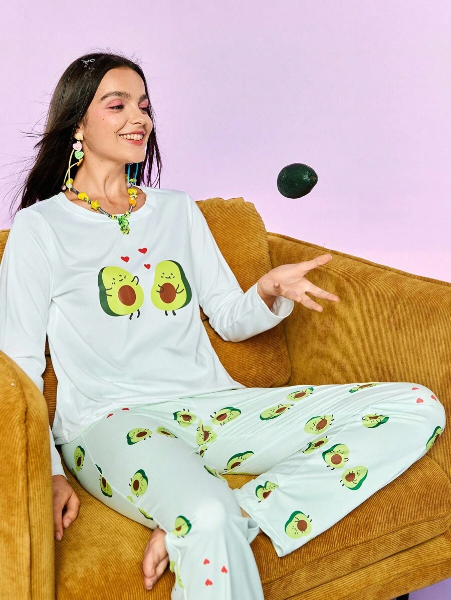 Women Cartoon Avocado Print Pajama Top And Bottom Set