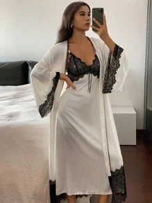 DAZY Women's Sleepwear Pajama Set: Contrast Color Lace Patchwork Belted Robe & Slip Sleep Dress Pajama Fall Winter Clothes - Beige - View 4