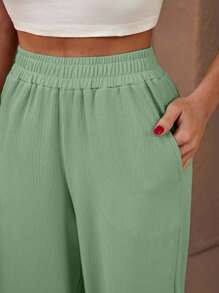 EURMUSE PANTALON TEXTURÉ À JAMBE LONGUE ÉVASÉE AVEC TAILLE HAUTE ÉLASTIQUE ET CORDON DE SERRAGE - Vert menthe - Voir 4