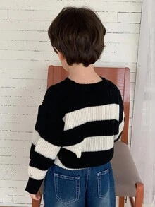 DAZY 幼儿男童宽松休闲条纹针织毛衣，基本款圆领长袖，秋季 - 黑與白 - 查看 6