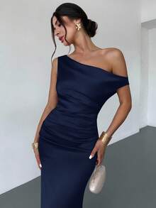 Firerie 女士香槟色不对称缎面紧身美人鱼连衣裙，优雅晚礼服，适合正式场合，适合通勤、优雅、性感、浪漫、约会、婚礼季、毕业典礼、表演、音乐会 - 藏蓝色 - 查看 4