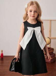 PrepCrw Young Girls' Elegant Sleeveless Round Neck Black Dress With Bow Decor,Summer Birthday Kids A-Line Formal Black And White Dress - Black and White - View 7