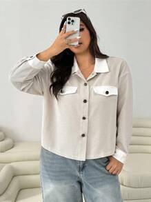 SHEIN EZwear 大码女式休闲拼色拼接夹克秋冬女装 - 杏色 - 查看 5