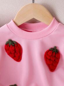 Baby Girls' Pink Knitted Long Sleeve 3D Strawberry Graphic Sweatshirt, Cute & Sweet, Autumn/Winter Fall - Pink - View 5
