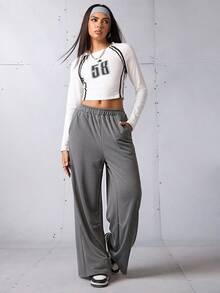 SHEIN Sports Pantalones deportivos para mujer, pantalones de chándal deportivos, pantalones de chándal gris oscuro, ropa deportiva, ropa de entrenamiento, chándal, pantalón ancho, pádel, tenis, pickleball, vuelta al cole, ropa urbana retro, estilo callejero, preppy, blokecore, con cordón, pantalones de otoño-invierno, pantalones de otoño-invierno, tela cálida, color desgastado, pantalones grises sueltos retro - Gris - Ver 2