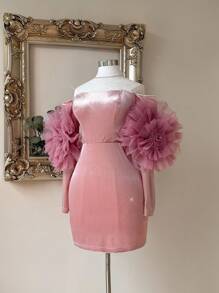 SHEIN Belle Elegante y hermoso vestido de manga larga con decoración de flor tridimensional personalizada, cubierta de cadera, con hombro descubierto y capas de malla exagerada con brillantes rosas en estilo loto, adecuado para fiesta de gala, fiesta de compromiso, cóctel, graduación, cena y baile de promoción - Rosa vieja - Ver 1