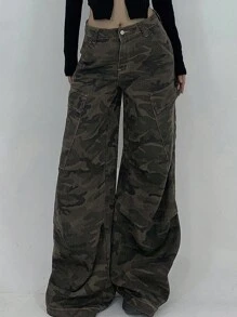 Dazy Tall 女款大尺碼迷彩印花寬鬆工裝貨物褲/牛仔褲，適合高個女性 - 軍綠色 - 查看 10