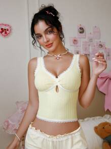 PetitDoll 女士甜美蕾丝拼布吊带背心 - 黃色 - 查看 1