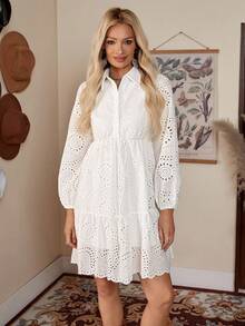 LanaWest Women's Hollow Out Lantern Sleeve Long Sleeve Dress - White - View 4