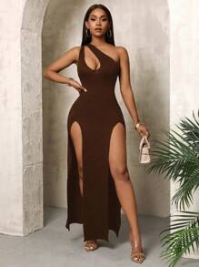 BamGleam Women's Solid Color Hollow Out Asymmetrical Neckline Split Thigh Sexy Sleeveless Dress For Summer Maxi Women Outfit Skin Revealing - Rust Brown - View 4