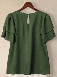 Linhara Plus Size Women's Solid Color Round Neck Double Layer Sleeve Short Sleeve Casual Shirt, Casual Fashion Versatile Pleated Summer Holiday Ladies Blouse - Army Green - View 2