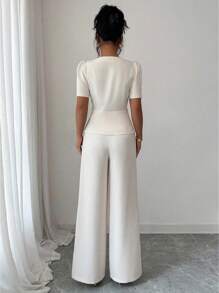 Elenzga 2 件套全新设计纽扣衬衫，腰部收紧，直筒长裤，女士服装，春夏毕业季 - 杏色 - 查看 2