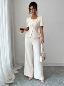 Elenzga 2 件套全新设计纽扣衬衫，腰部收紧，直筒长裤，女士服装，春夏毕业季 - 杏色 - 查看 3