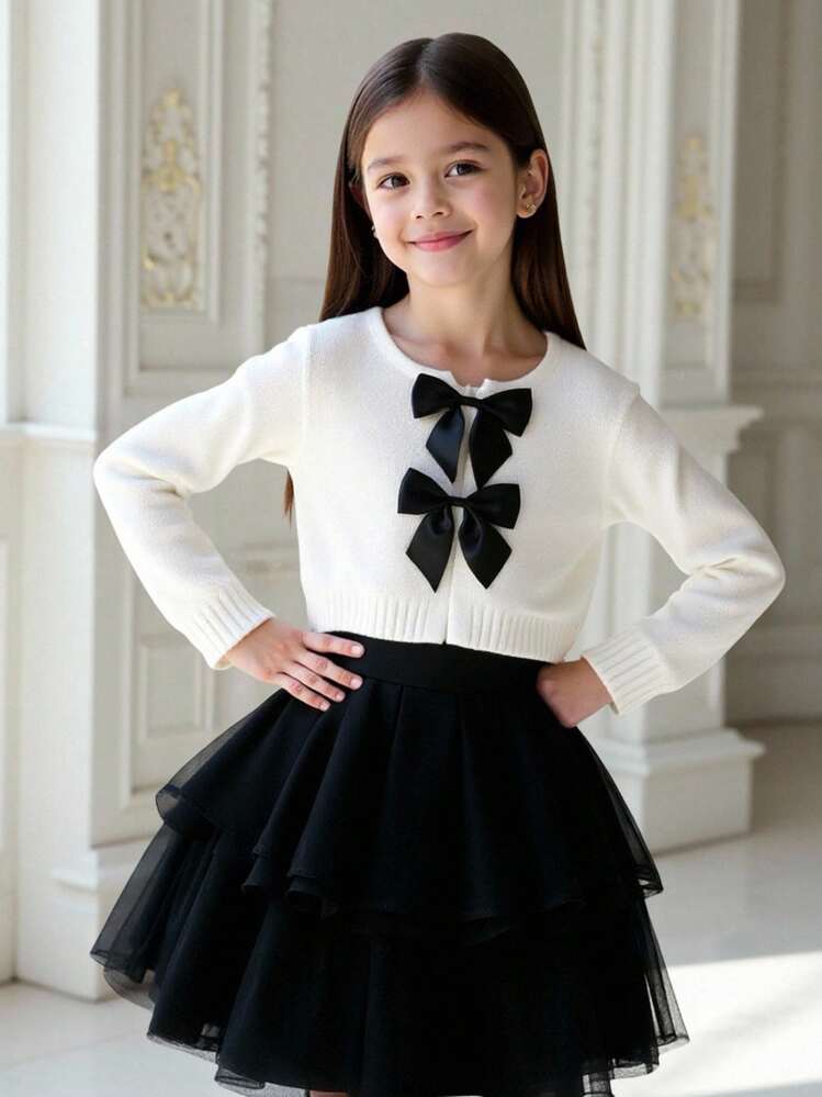 SHEIN Young Girl Bowknot Cardigan With Round Neck, Casual For Daily Wear, Autumn/Winter,Long Sleeve Tops, Elegant & Cute, High Quality, Warm & Soft, Versatile For Play, Daily Wear, School, Autumn & Winter,Pairing White Shirt,Back To School Season.College Style, Fall - White - View 6