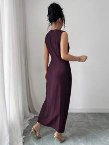 Elenzga 女士优雅简约纯色无袖中长连衣裙，褶皱细节，金属扣装饰，适合通勤、商务、休闲、度假、下午茶 - 紫紅色 - 查看 2