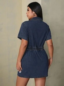 SHEIN Tall CURVE Plus Size Women's Short Sleeve Button Half Placket Pocket Design Casual Denim Dress