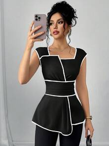 SHEIN Clasi 女士下摆收腰短袖时尚优雅衬衫 - 黑色 - 查看 3