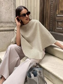 Aloruh Women's Elegant Cloak Poncho Style Solid Color Overcoat In Fall/Winter - Apricot - View 3