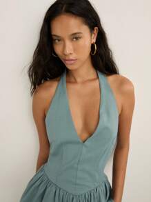 2026 Top halter con escote en V profundo sin mangas con detalle de peplum y recogido.Elegante y formal para vacaciones de verano y primavera, salidas, bodas, fiestas y festivales - Niebla azul - Ver 5
