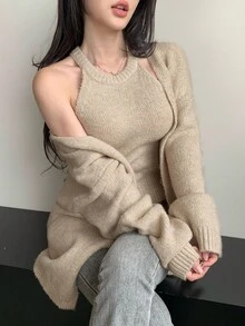 DAZY 2 件套女士纯色吊带背心开衫套装，秋季 - 杏色 - 查看 6