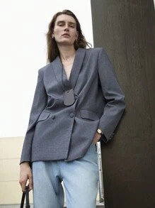 Uhlyne Uhlyne Blazer de manga larga con bolsillos, cuello de chal, mezcla de lana TR para otoño/invierno - Gris - Ver 9