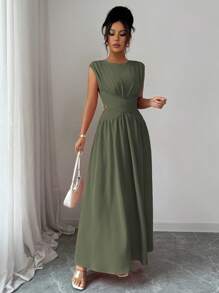 Elenzga 女士优雅简约高端纯色圆领复古腰部镂空短款交叉褶皱 A 字形无袖长裙，适合办公室、通勤、海滩、度假、音乐节、春夏季 - 軍綠色 - 查看 5
