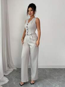 Chiquease Women Summer Striped Single-Breasted Suit Vest And Pants Loose Casual Daily Workwear Set - Khaki - View 4