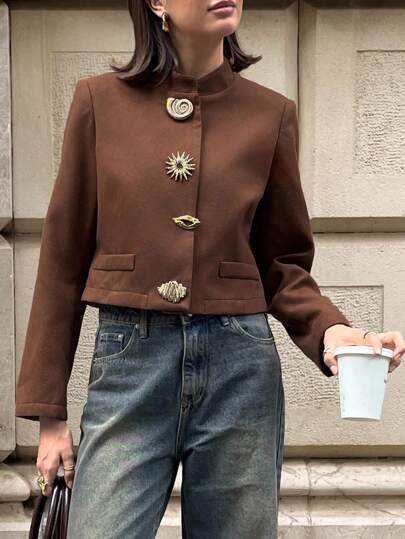 Aloruh Women's Fall Clothes Elegant Teacher Outfits Business Commuting Daily Casual Warm Jacket Brown Office Coat Old Money Style Dignified Stand Collar Coat Metal Decor Round Neck Long Sleeve Single-Breasted Casual Overcoat