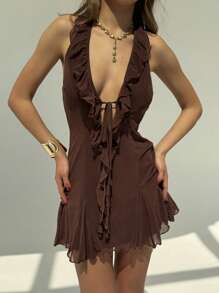 Aloruh 女士纯色荷叶边 V 领露背迷你连衣裙 - 咖啡 - 查看 10