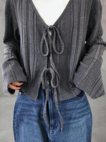 FRIFUL Women's Casual Solid Color Lace-Up Long Sleeve T-Shirt, Spring/Autumn Tie Front Sweater Gray Sweater Knit Top Ribbed Sweater Knitwear