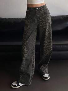 Dazy Tall Women's Leopard Print Loose Casual Street Style Jeans, Tall - Brown - View 2
