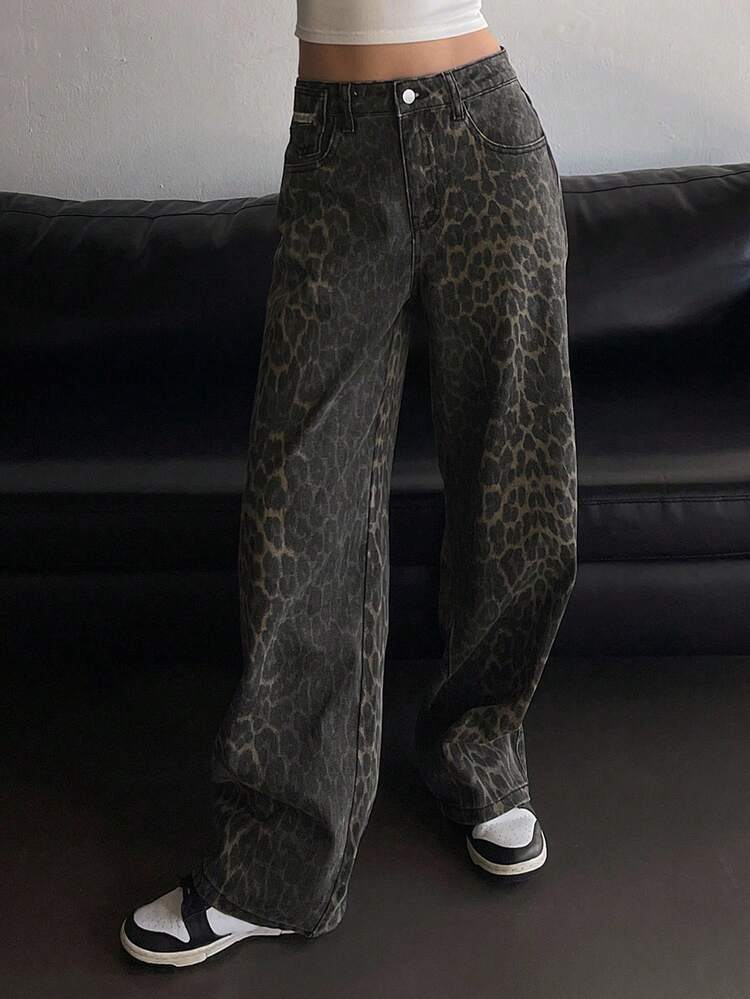 Women's Leopard Print Loose Casual Street Style Jeans, Tall