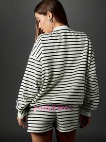 Missguided x Playboy 条纹全拉链运动衫，双口袋设计，家居服，长袖休闲针织，秋冬街头装，舒适休闲，日常必备时尚前卫 - 黑與白 - 查看 2