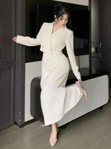 DAZY Women's Solid Color Lapel NeckLong Sleeve Double-Breasted Jacket And Dress Elegant Suit Set Buisness Attire - White - View 5