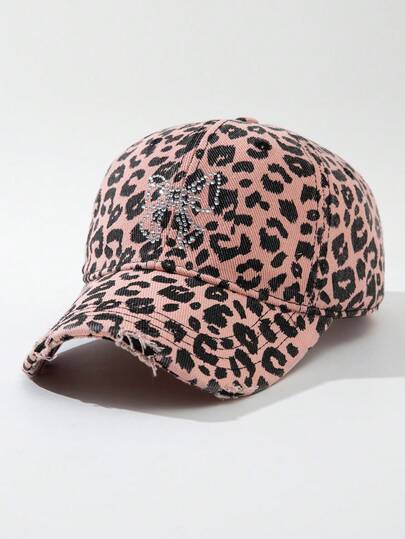 Grunge Punk 1pc Women's Bow Leopard Print Rhinestone Baseball Cap