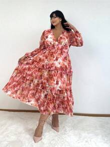 SHEIN CURVE+ 大码V领长袖全印花百褶休闲连衣裙长款女装 - 彩色 - 查看 5