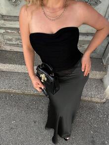 Jeta Ari Chân váy Maxi satin trơn cạp cao thanh lịch - màu đen - Xem 5
