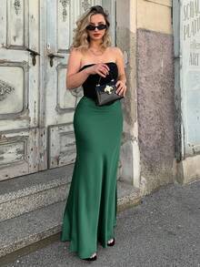 Jeta Ari Women Elegant Solid Satin Maxi Skirt - Army Green - View 6