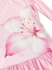 SHEIN MOD Pink Floral Cute Tea Party Autumn Women's Dreamy Oversized Mesh Long Sleeve Slim Dress,Double-Layered Cake Skirt,Date,Prom,Birthday Outfit - Pink - View 4