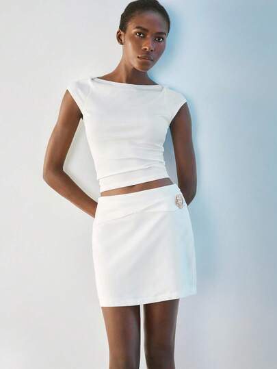 Maija Women's White Summer Asymmetrical Front Panel Metal 3D Floral Decor Button Solid Color Elastic Waist Minimalist Sexy Comfortable Commute Short Skirt Christmas Clothes Business Casual Woman Office Outfits For Women